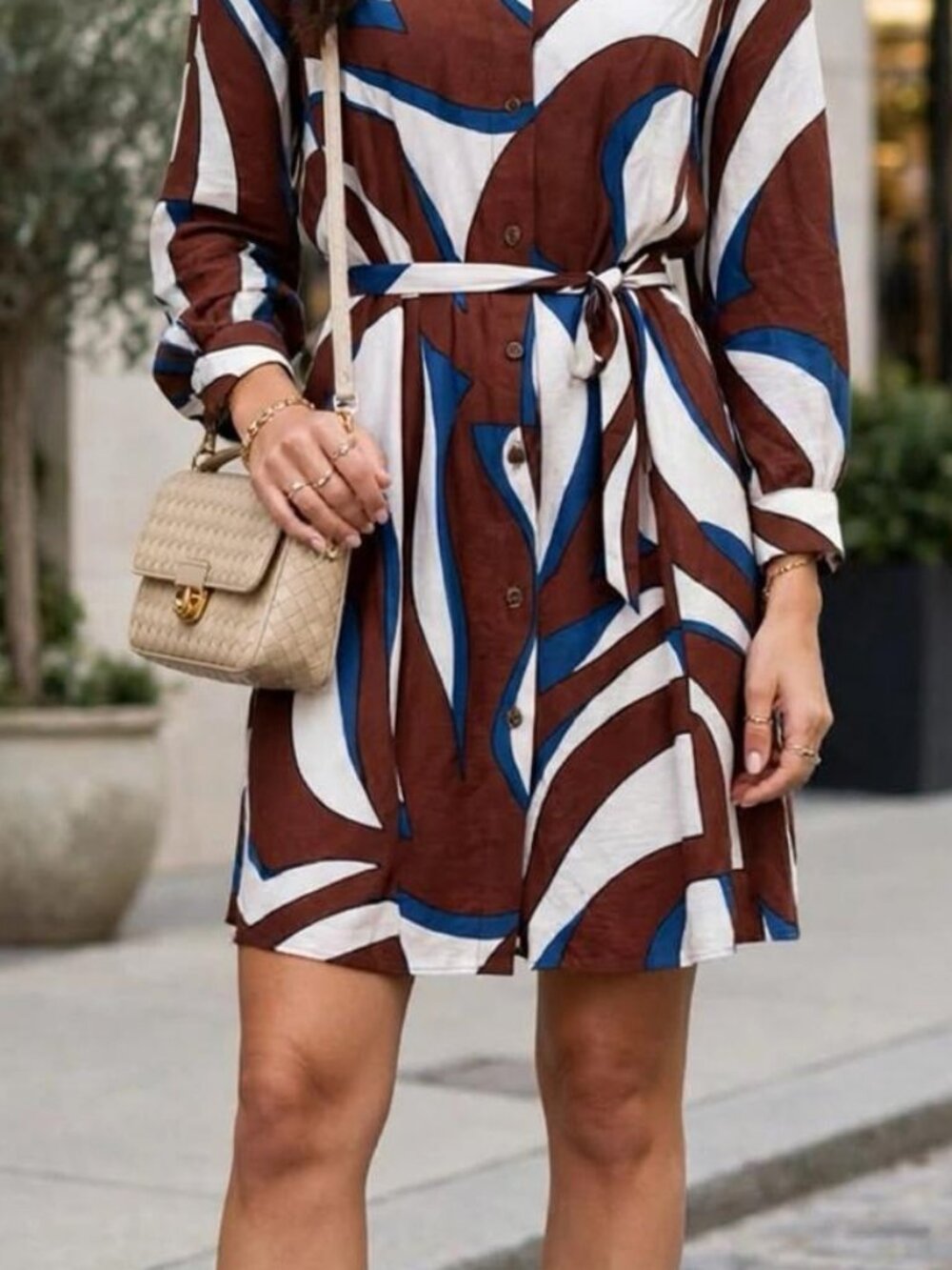 sleeve abstract print belted